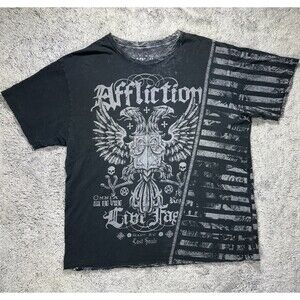 Vintage AFFLICTION 'Live Fast' Y2K Grunge AOP T-Shirt USA Made ( 2XL) Distressed